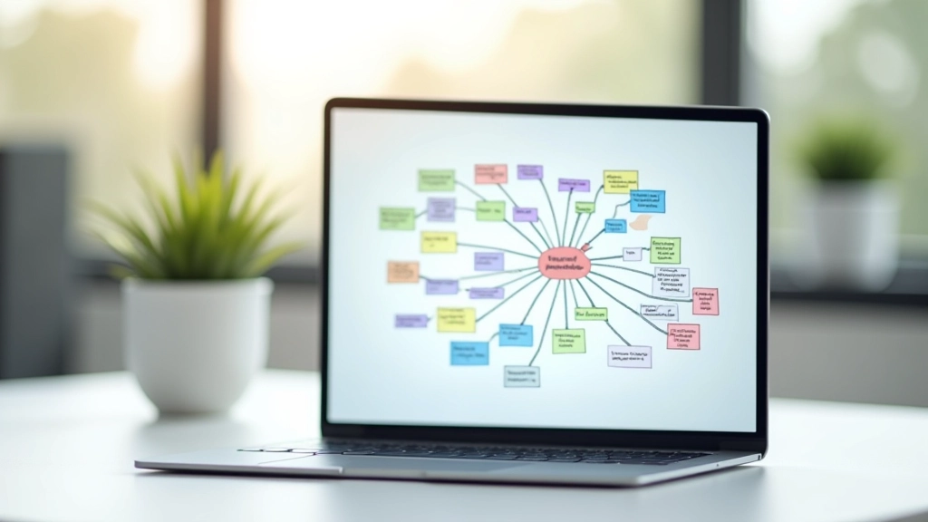 Ecrã digital com diagrama de mapa mental colorido, mostrando conexões entre conceitos e ideias, utilizado em sessões de brainstorming moderno