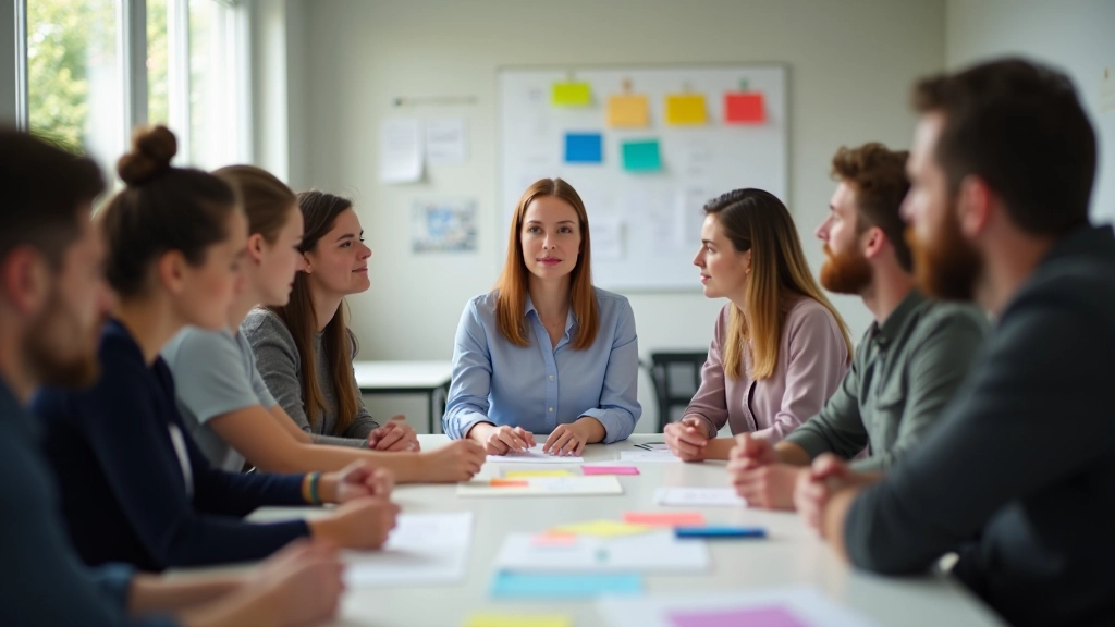 Ambiente de workshop criativo com profissionais colaborando em sessão de brainstorming